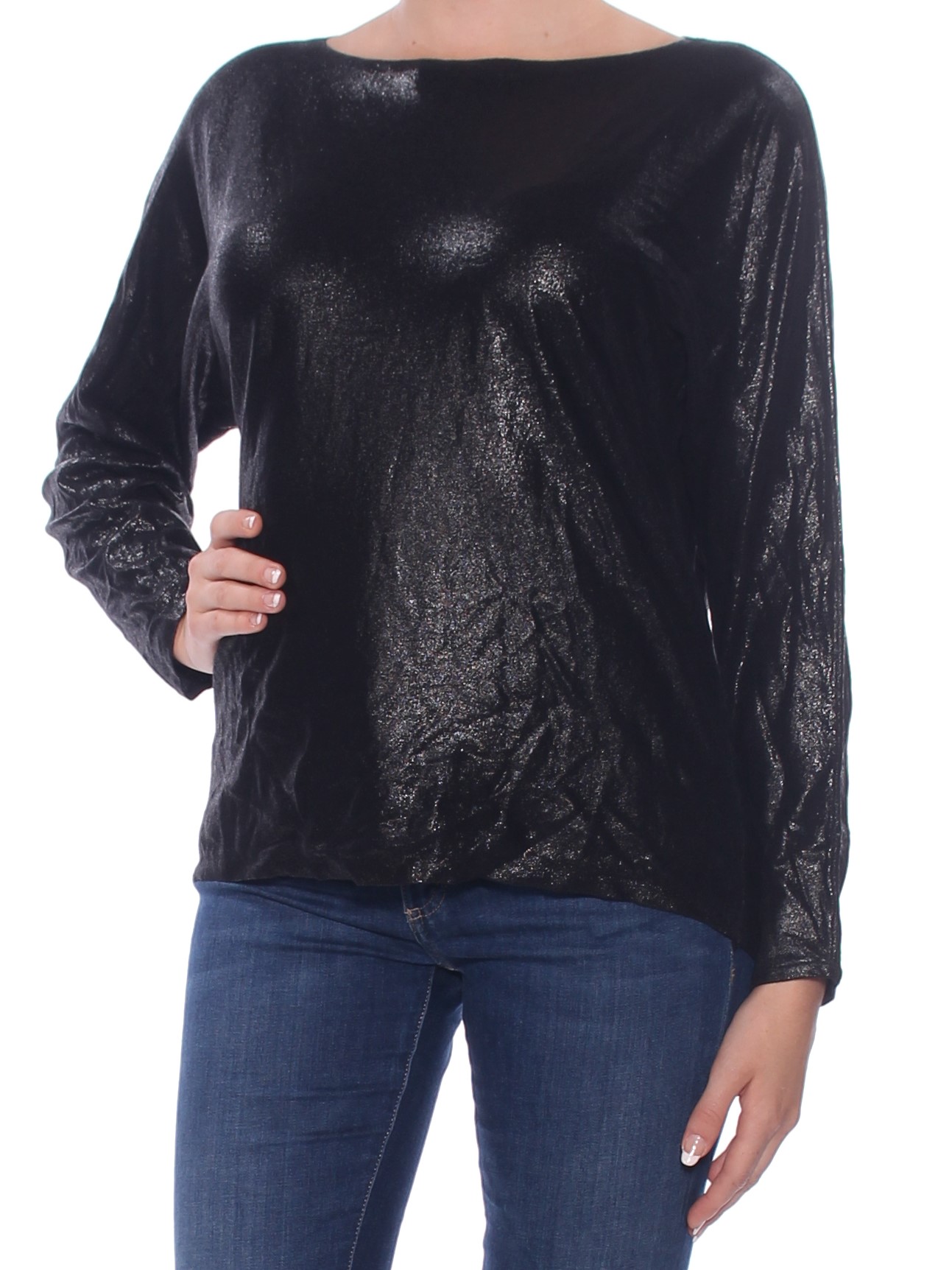 RALPH LAUREN Womens Black Shimmer Long Sleeve Boat Neck Knee Length Shift Tunic Top M